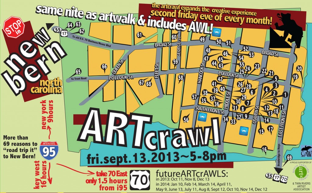 Second Fridays! Every Month! Come visit on Friday, September 13th to ARTcrawl through the landmarks and showcases of art exhibits, live performances & artisan demos by more than 400 creative people in New Bern!
