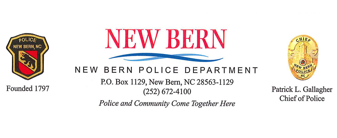 New Bern Police Department logo with contact information