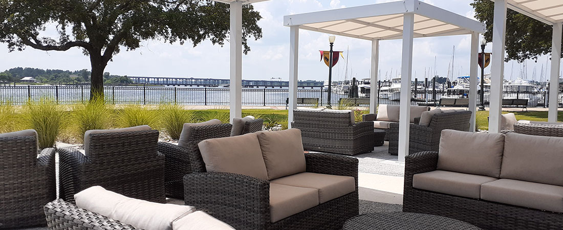 Sitting area along Riverwalk behind the New Bern Riverfront Convention Center