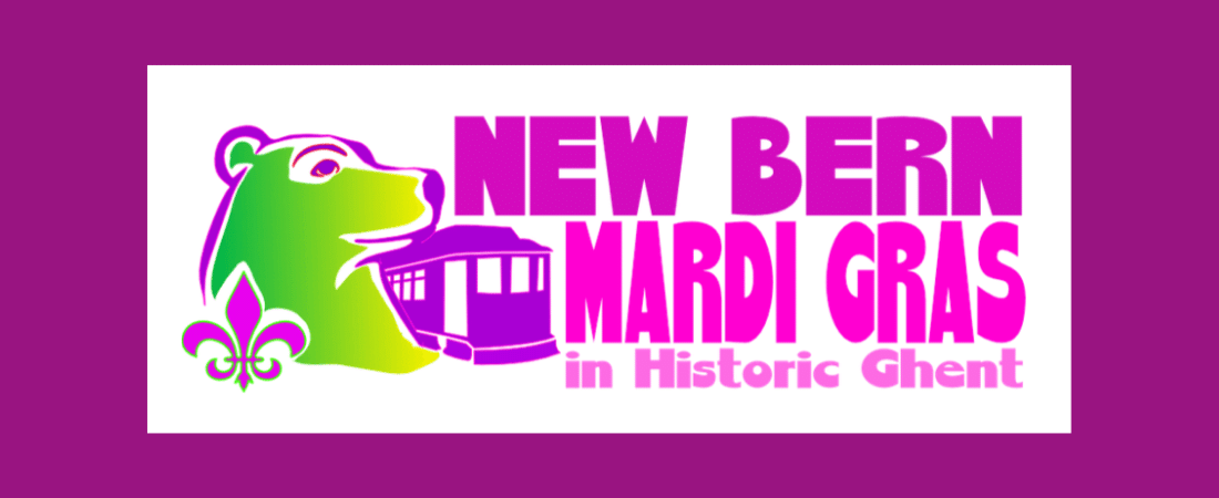New Bern Mardi Gras logo with bear and trolley