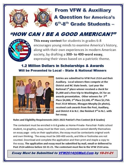 Vfw Essay Contest For Grades 6 8 How Can I Be A Good American New Bern S Local News And Information Newbernnow Com