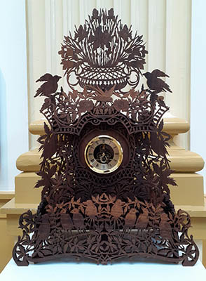 Victorian style fretwork clock by Pollie Howland at the Bank of the Arts in New Bern NC