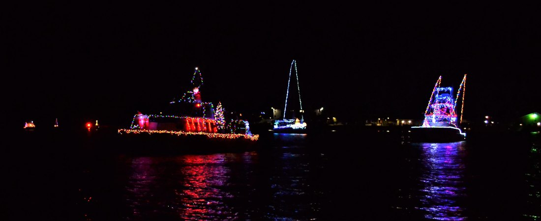 Decorated boats at nighttime
