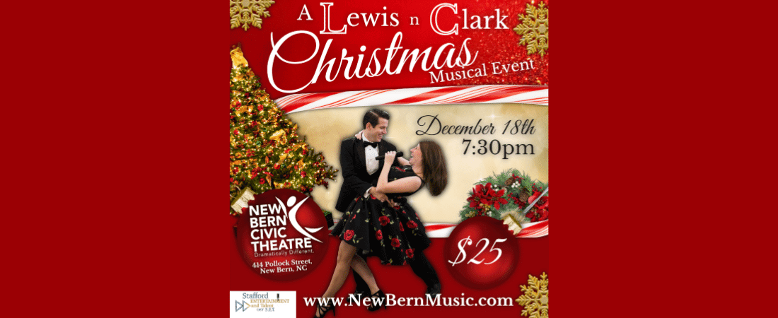 Poster of Lewis and Clark event with two dancers near Christmas Tree