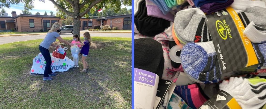 Photo of school kids putting socks in bags