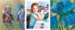 Polo player, girl at school and blue flower paintings