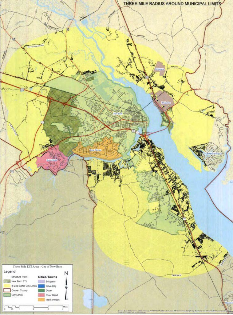 Three-mile radius around New Bern city limits