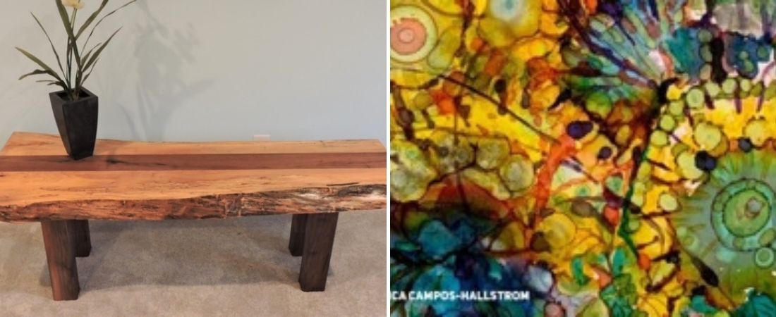 Natural wood coffee table and abstract flower painting