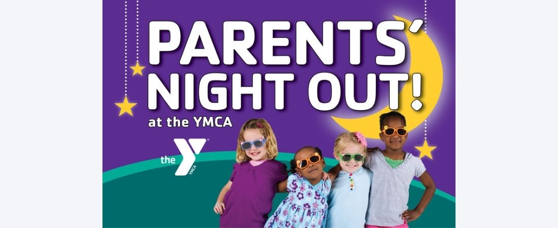 YMCA’s Parents’ Night Out poster of 4 kids in sunglasses