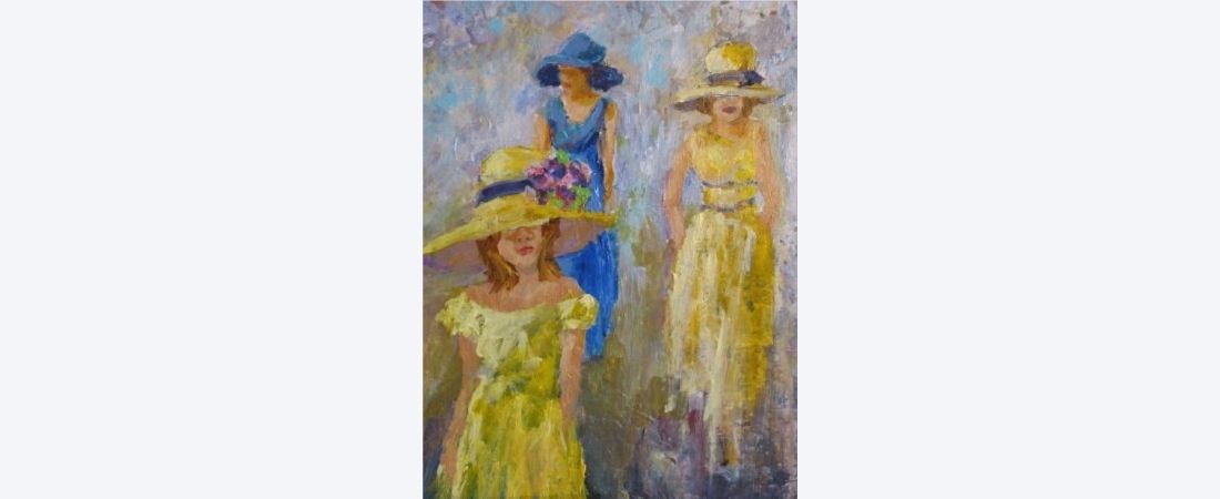Painted art of 3 women with dresses and wide brim hats