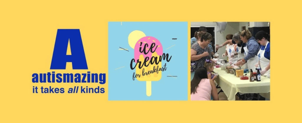 Autismazing logo, ice cream cone and autistic children