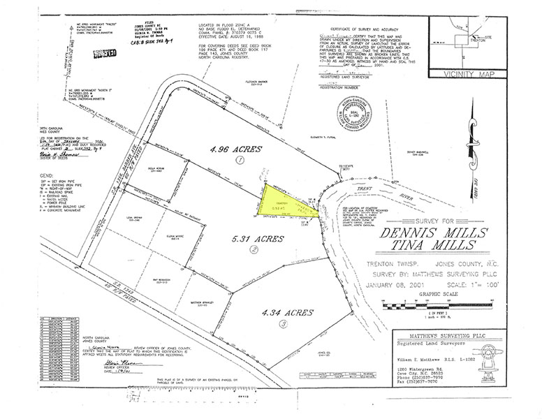 The half-acre, triangle-shaped plot of land that makes up the Barber Graveyard can be seen in yellow next to the Trent River on a survey map. Photo by Todd Wetherington.