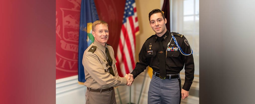 Henry “Hank” Dennee of New Bern, NC, is congratulated by Norwich University’s Commandant and Vice President for Student Affairs, Brigadier General Bill McCollough, VSM, after being selected as the university’s 2023-24 Regimental Commander, the highest-ranking cadet of Norwich University’s Corps of Cadets. Photo by Mark Collier/Norwich University.
