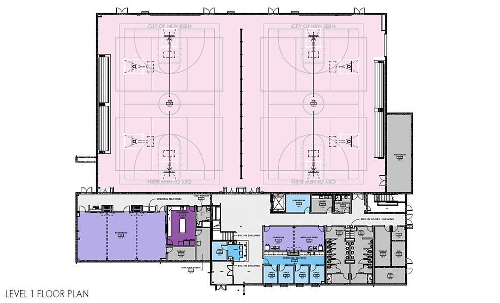 An architectural site plan for the first floor of the Stanley White Recreation Center shows the gymnasium, concession area and other amenities. 