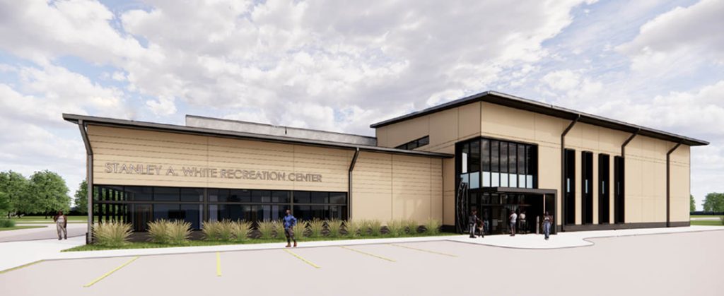 An artist's rendering shows the exterior entrance to the new Stanley White Recreation Center planned off of Third Avenue in New Bern.