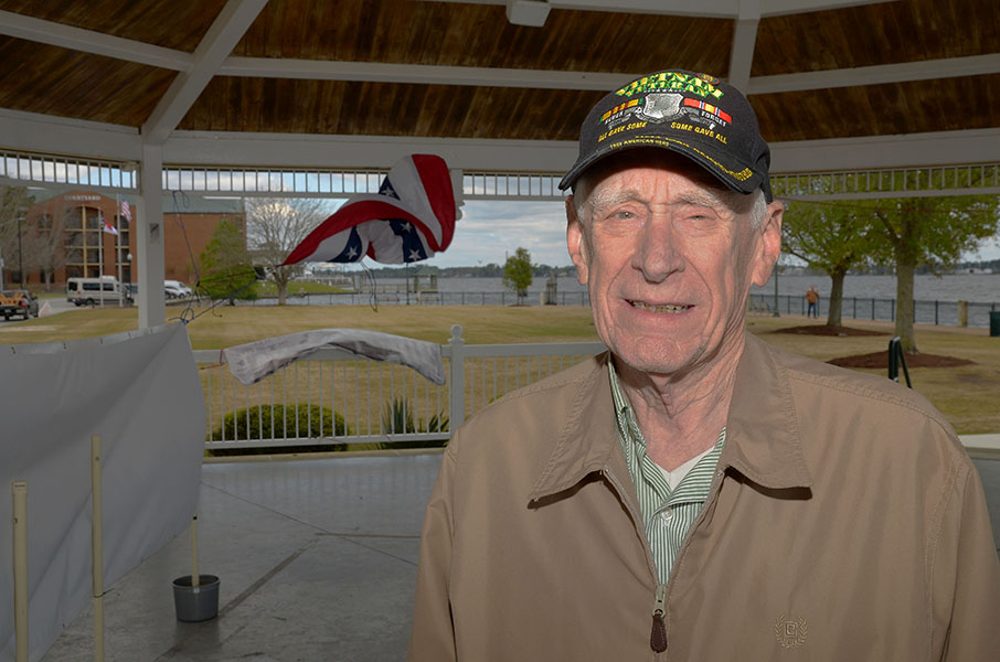 Air Force veteran Darrel Dennis greets visitors at the Union Point Park gazebo during Wednesday's Vietnam War Veterans Day recognition event. Photo by Todd Wetherington.