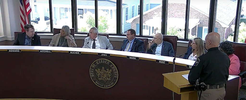 Craven County Commissioners Chadwick Howard, ET Mitchell, Denny Bucher, Jason Jones, Thomas Mark, Sherry Hunt, Beatrice Smith and Sheriff Chip Hughes. (Screenshot from July 15 meeting)