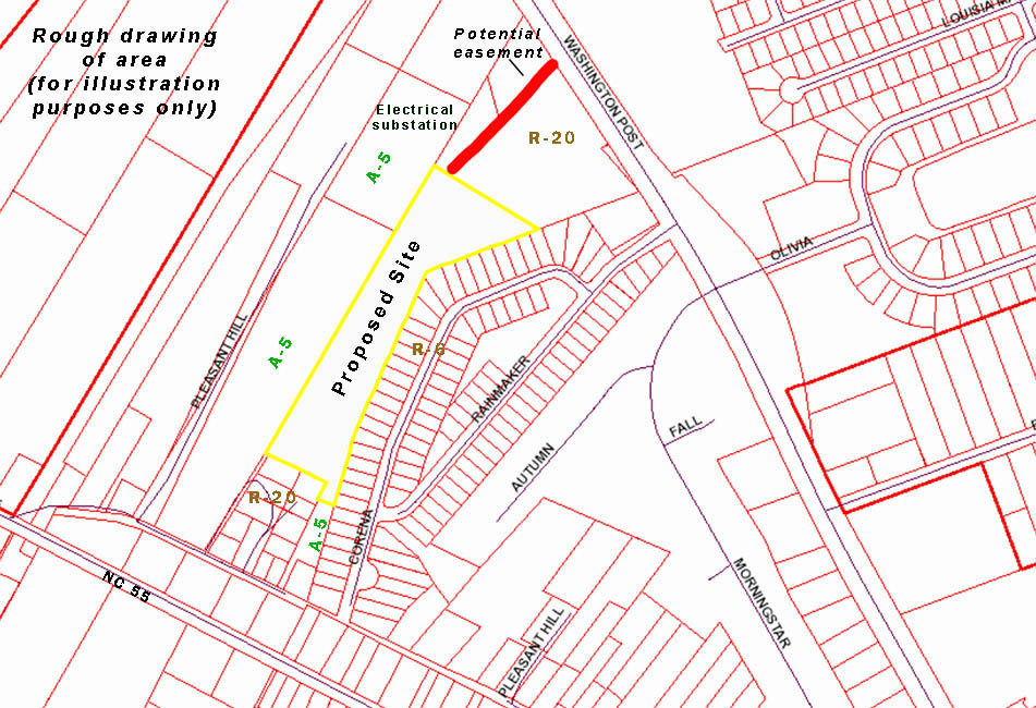 Rough drawing of proposed area of development off Washington Post Road in New Bern, NC. (For illustration purposes only)