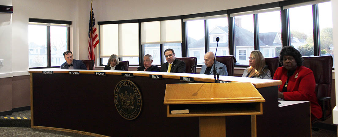 Photo of Craven County Commissioners Chadwick Howard, Ettienne “ET” Mitchell, Dennis “Denny” Bucher, Jason Jones, Thomas Mark, Shevel “Sherry” Hunt and Beatrice Smith during meeting on Nov. 18, 2024.