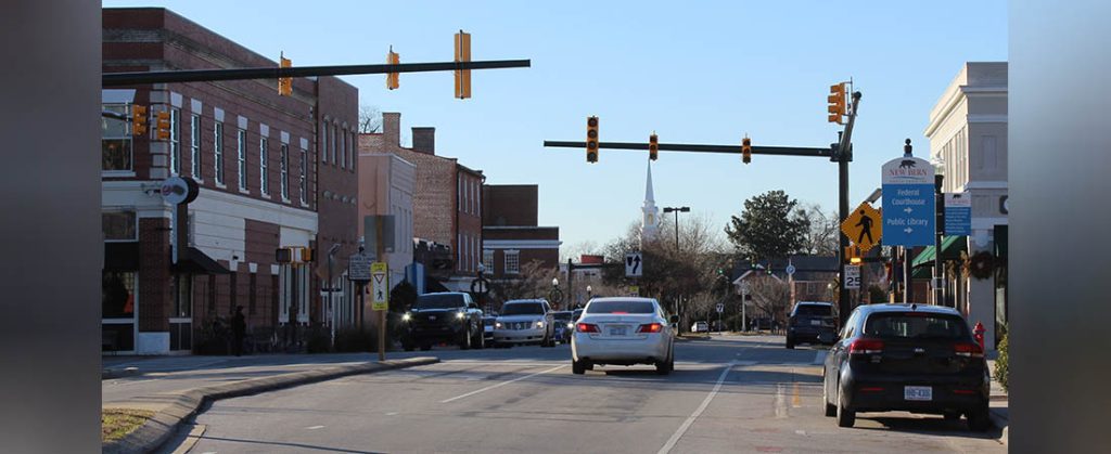 Traffic signal and crosswalk at Broad and Middle Street in New Bern, NC. (Photo by Wendy Card)