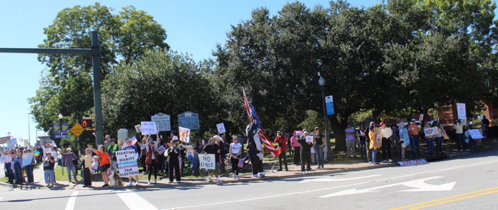Photo taken at East Front and South Front Streets during "No Kings" rally in New Bern, NC on Oct. 18, 2025. (Photo by Wendy Card)