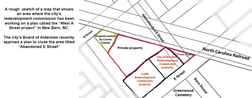 A rough sketch of an area where the city's Redevelopment Commission is working on a potential plan called the "West A Street Project" in New Bern, NC. (Photo by Wendy Card)