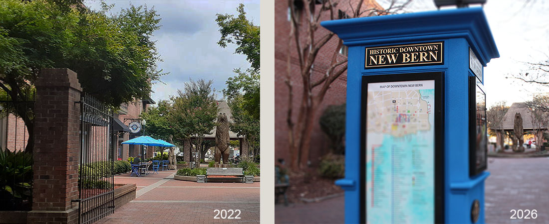 Photos of Bear Plaza taken in 2022 and 2026 in New Bern, NC. (Photos by Wendy Card)