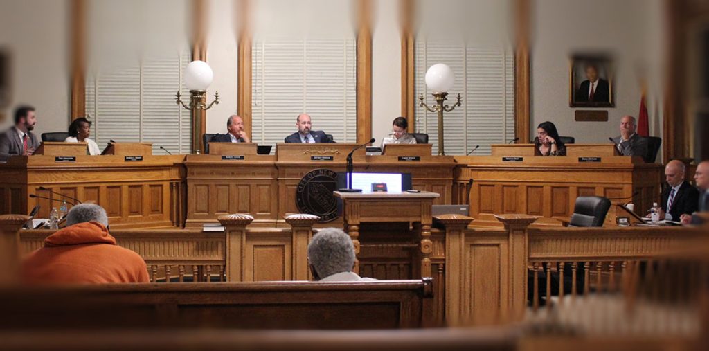 L-R: Aldermen Trey Ferguson, Sharon Bryant, Bobby Aster, Mayor Jeffrey Odham, Aldermen Lainy White, Barbara Best and Dana Outlaw on March 10, 2026 at City Hall in New Bern, NC.