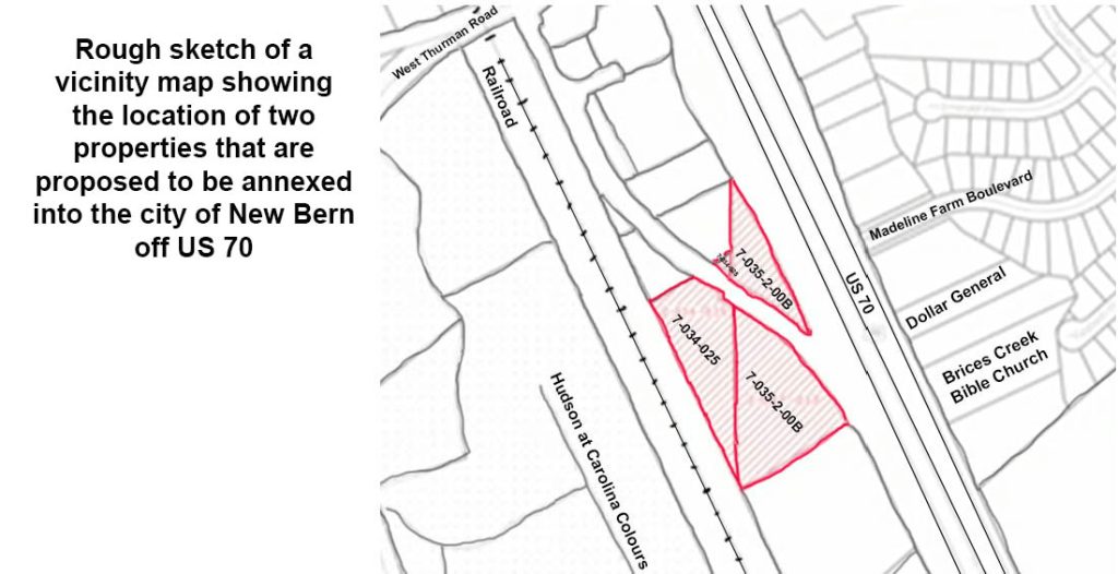 Rough drawing of vicinity map showing two properties that are proposed to be annexed into the city of New Bern, NC off US 70.