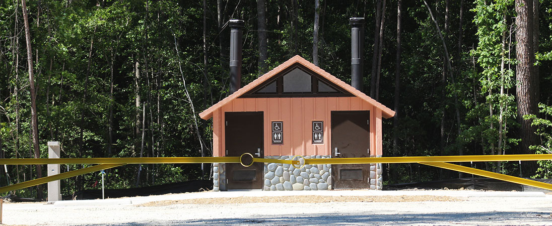 New restroom facilities at County Line Road entrance to Brices Creek Nature Preserve in Craven County, NC.