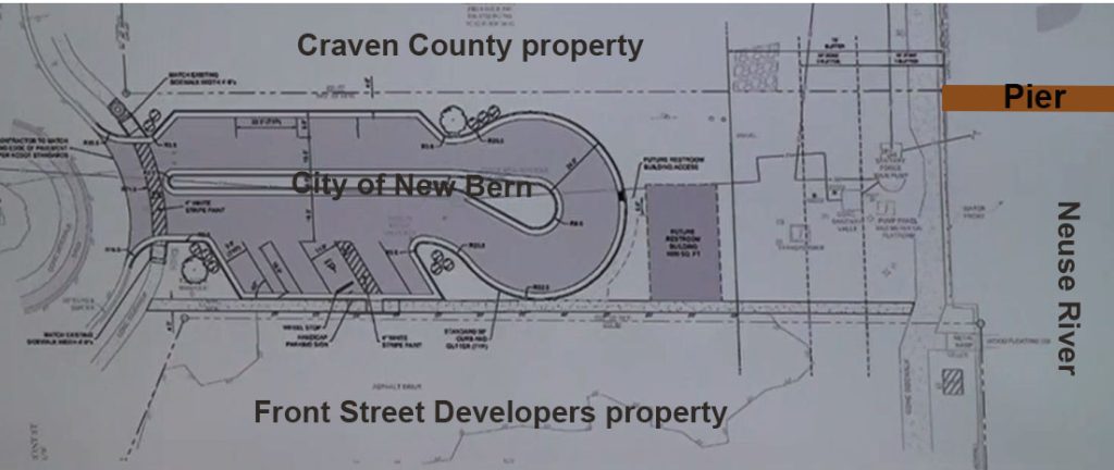Rough sketch of Broad Street Pier, parking spaces, and portable restrooms in downtown New Bern, NC. 