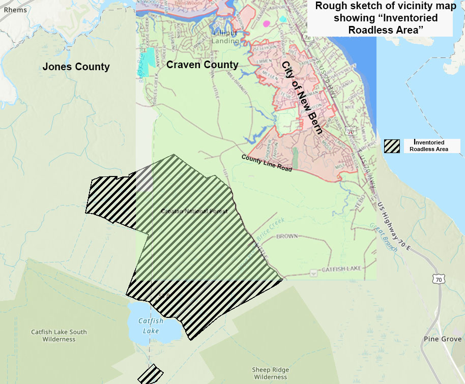 Rough sketch of an inventoried roadless areas near Catfish Lake in the Croatan National Forest.