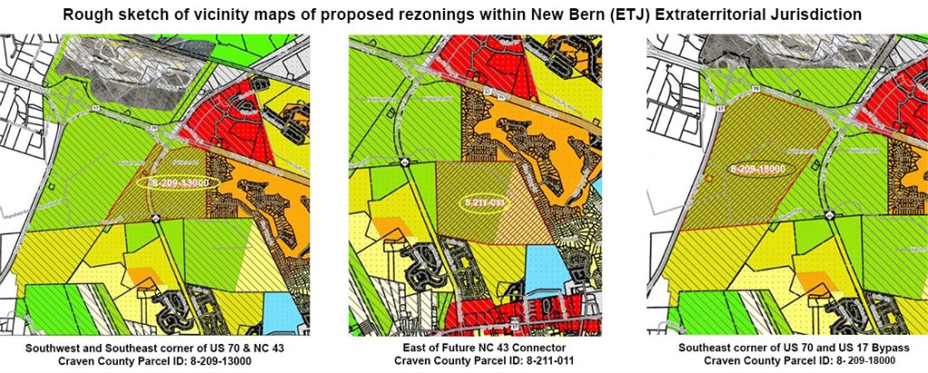 Rough sketch of proposed rezonings near the Arcadia Village, Craeberne Forest, Greenbrier, and West New Bern communities. 
