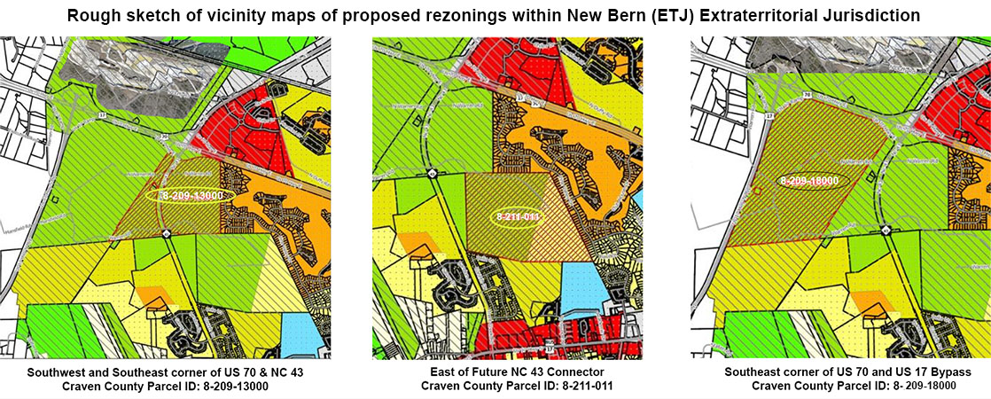 Rough sketch of proposed rezonings near the Arcadia Village, Craeberne Forest, Greenbrier, and West New Bern communities.