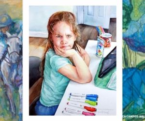 Polo player, girl at school and blue flower paintings