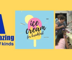 Autismazing logo, ice cream cone and autistic children