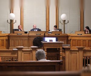 L-R: Aldermen Trey Ferguson, Sharon Bryant, Bobby Aster, Mayor Jeffrey Odham, Aldermen Lainy White, Barbara Best and Dana Outlaw on March 10, 2026 at City Hall in New Bern, NC.