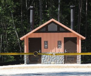 New restroom facilities at County Line Road entrance to Brices Creek Nature Preserve in Craven County, NC.