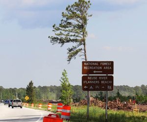 Signs for National Forest Recreation Area and Neuse River-Flanners Beach off US 70 between New Bern and Havelock, NC. (Photo by Wendy Card)