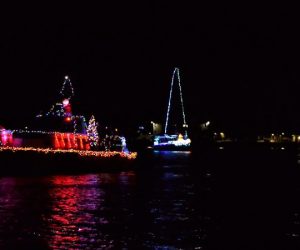 Decorated boats at nighttime