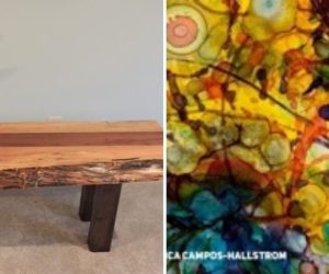 Natural wood coffee table and abstract flower painting