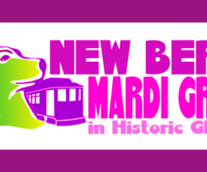 New Bern Mardi Gras logo with bear and trolley