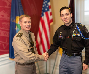 Henry “Hank” Dennee of New Bern, NC, is congratulated by Norwich University’s Commandant and Vice President for Student Affairs, Brigadier General Bill McCollough, VSM, after being selected as the university’s 2023-24 Regimental Commander, the highest-ranking cadet of Norwich University’s Corps of Cadets. Photo by Mark Collier/Norwich University.