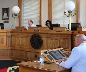 Alderman Rick Prill of Ward 1, Alderman Bobby Aster of Ward 3, Mayor Pro Tem Hazel Royal, Alderman Johnnie Ray Kinsey of Ward 4 and Alderman Barbara Best of Ward 5 in the courtroom at City Hall in downtown New Bern taken on Aug. 2, 2024. (Photo by Wendy Card)