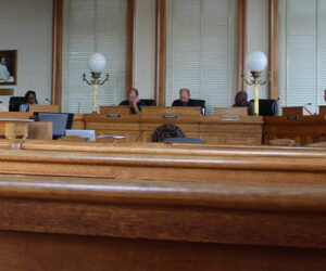 Alderman Rick Prill of Ward 1, Alderman Hazel Royal of Ward 2, Alderman Bobby Aster of Ward 3, Mayor Jeffrey Odham, Alderman Johnnie Ray Kinsey of Ward 4 and Alderman Barbara Best of Ward 5 in the courtroom at City Hall in downtown New Bern taken on Aug. 2, 2024. (Photo by Wendy Card)