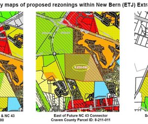 Rough sketch of proposed rezonings near the Arcadia Village, Craeberne Forest, Greenbrier, and West New Bern communities.
