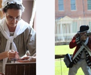 Colonial woman dying wood an dman with musket