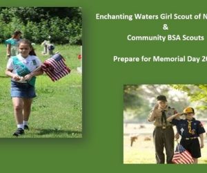 Boy Scouts and Girl Scout holding American flag