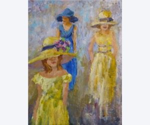 Painted art of 3 women with dresses and wide brim hats