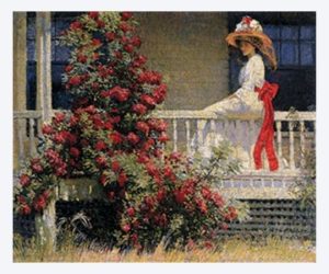Impressionist painting of 1800s girls on porch